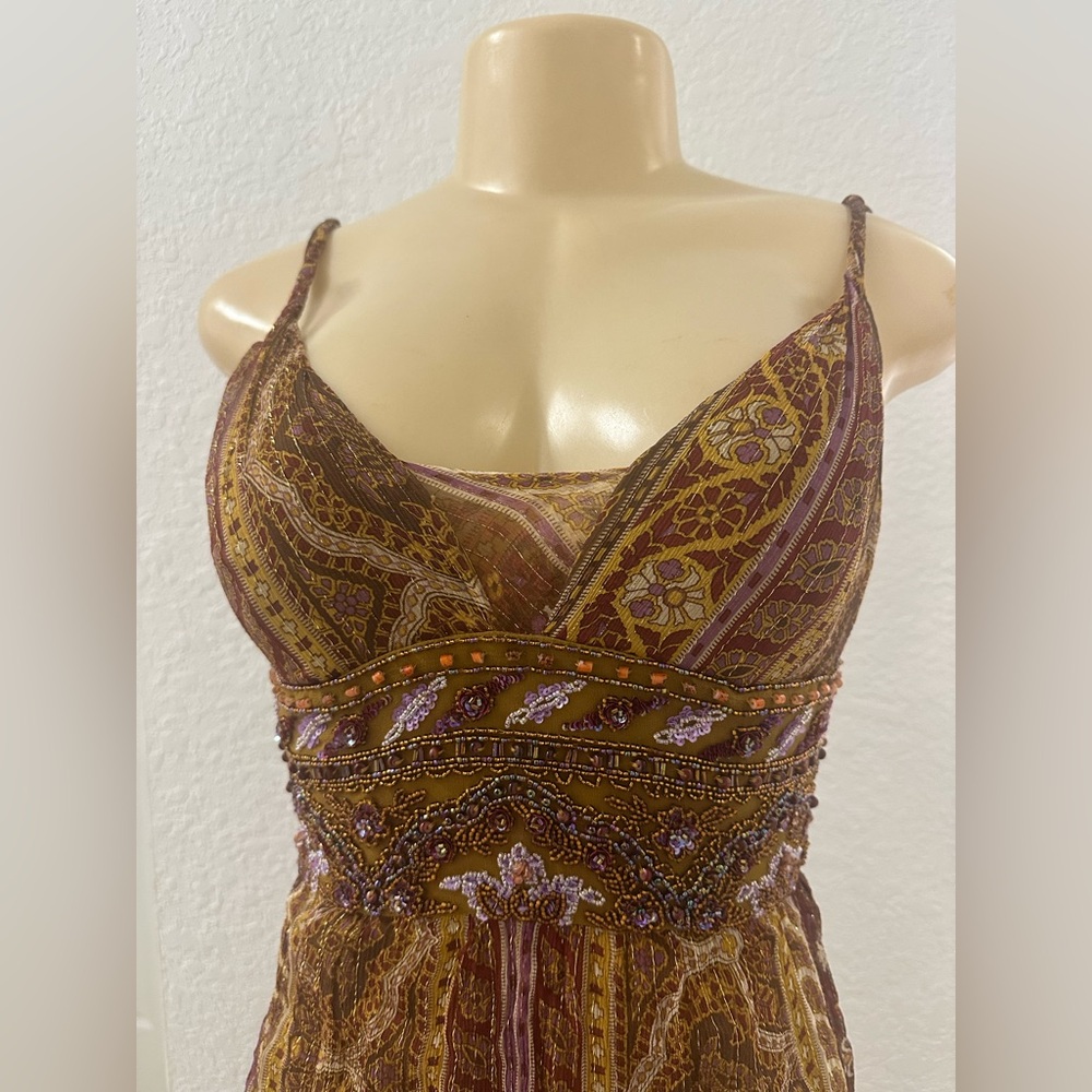 Y2K Vintage Boho Dolce Jovani Silk Beaded Front Slit Earth Tomes Size 4 Dress - Picture 4 of 16